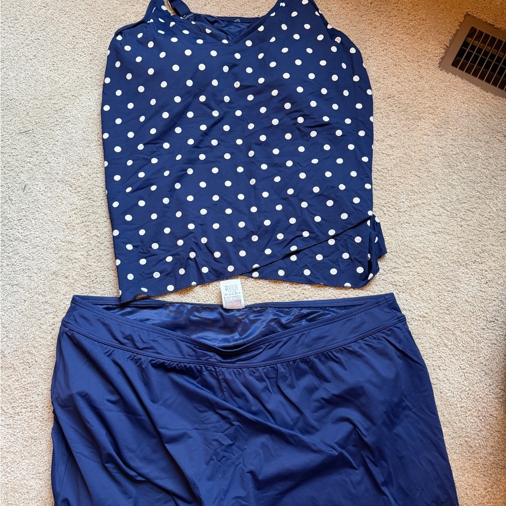 Lands' End Navy and White Polka Dot Swimwear